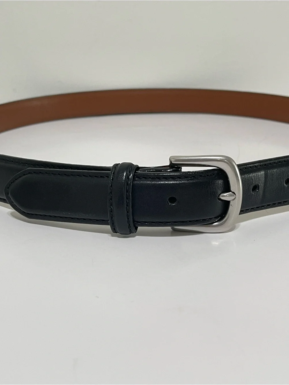 LL Bean Smooth Black Leather Belt Silver Tone Buckle Made in USA Vintage Size 42